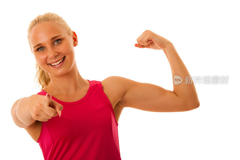 Fit woman gesture power isolated over white